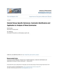 General Versus Specific Sentences: Uta Omatic Identification and Application to Analysis of News Summaries