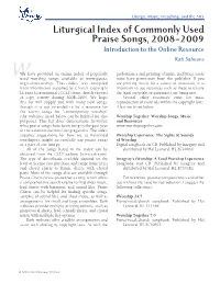 Liturgical Index of Commonly Used Praise Songs, 2008–2009 Introduction to the Online Resource Kati Salmons