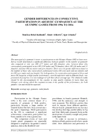 Gender Differences in Consecutive Participation in Artistic Gymnastics at the Olympic Games from 1996 to 2016