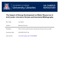 Impact of Energy Development on Water Resources in Arid Lands: Literature Review and Annotated Bibliography