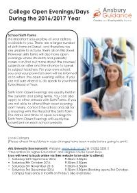 College Open Evenings/Days During the 2016/2017 Year