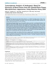 Transcriptome Analysis of Androgenic Gland for Discovery of Novel Genes from the Oriental River Prawn, Macrobrachium Nipponense, Using Illumina Hiseq 2000