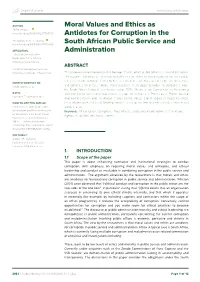 Moral Values and Ethics As Antidotes for Corruption in the South African Public Service and Administration