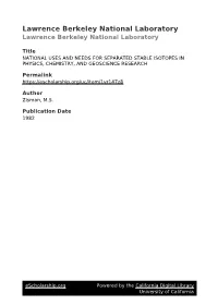 National Uses and Needs for Separated Stable Isotopes in Physics, Chemistry, and Geoscience Research