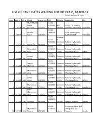 LIST of CANDIDATES WAITING for BIT EXAM, BATCH-12 Dated: January 09, 2020