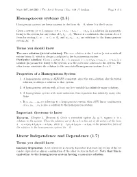 Homogeneous Systems (1.5) Linear Independence and Dependence (1.7)