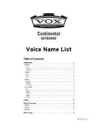 Vox Continental Voice Name List