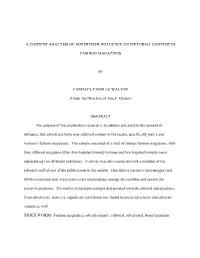A Content Analysis of Advertiser Influence on Editorial Content In