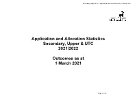Application and Allocation Statistics Secondary, Upper & UTC 2021/2022 Outcomes As at 1 March 2021