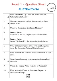 Round 1 – Question Sheet AUSTRALIANA