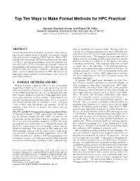Top Ten Ways to Make Formal Methods for HPC Practical