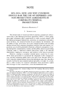 Dpa Doa: How and Why Congress Should Bar the Use of Deferred and Non-Prosecution Agreements in Corporate Criminal Prosecutions
