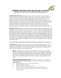 Summer Reading Lists and Project Options Grades 10-12 Optional Summer Reading Program