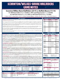Scranton/Wilkes-Barre Railriders Game Notes Scranton/Wilkes-Barre Railriders (20-9) Vs