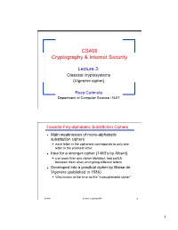 Lecture 3: Classical Cryptosystems (Vigenère Cipher)