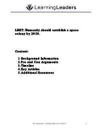 LBRT: Humanity Should Establish a Space Colony by 2050. Content: 1