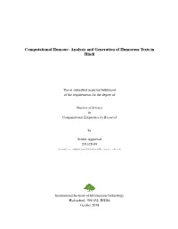 Analysis and Generation of Humorous Texts in Hindi