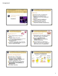 Objectives Complement (C') Complement Proteins Functions Of