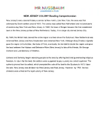 NEW JERSEY COLONY Reading Comprehension