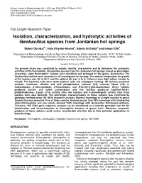 Isolation, Characterization, and Hydrolytic Activities of Geobacillus Species from Jordanian Hot Springs