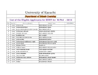 University of Karachi Department of Islamic Learning List of the Eligible Applicants for KUET for M.Phil - 2016