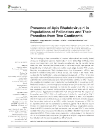 Presence of Apis Rhabdovirus-1 in Populations of Pollinators and Their Parasites from Two Continents