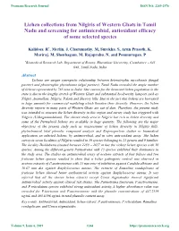 Lichen Collections from Nilgiris of Western Ghats in Tamil Nadu and Screening for Antimicrobial, Antioxidant Efficacy of Some Selected Species