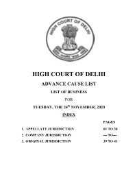 ADVANCE CAUSE LIST LIST of BUSINESS for TUESDAY, the 24Th NOVEMBER, 2020 INDEX PAGES 1