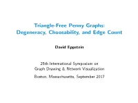 Triangle-Free Penny Graphs: Degeneracy, Choosability, and Edge Count