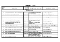 COLLEGE LIST Principal College College Name Mobile College Address with Pincode College E-Mail Address Code Number BANSWARA