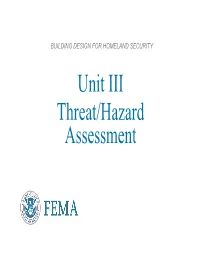 Unit III Threat/Hazard Assessment Unit Objectives Identify the Threats and Hazards That May Impact a Building Or Site