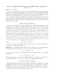 Inverse Vs Implicit Function Theorems - MATH 402/502 - Spring 2015 April 24, 2015 Instructor: C