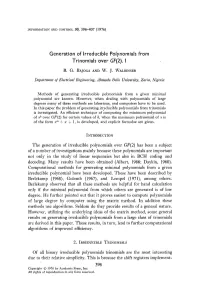 Generation of Irreducible Polynomials from Trinomials Over GF(2). I
