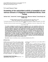 Screening of the Antioxidant Activity of Essential Oil and Various Extracts of Origanum Rotundifolium Boiss