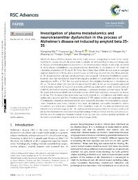 Investigation of Plasma Metabolomics and Neurotransmitter Dysfunction In