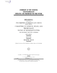 Oversight of the National Nanotechnology Initiative and Priorities for the Future