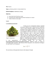 Title: Fractals Topics: Symmetry, Patterns in Nature, Biomimicry Related Disciplines: Mathematics, Biology Objectives: A. Learn