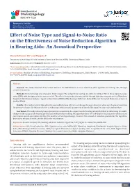 Effect of Noise Type and Signal-To-Noise Ratio on the Effectiveness of Noise Reduction Algorithm in Hearing Aids: an Acoustical Perspective