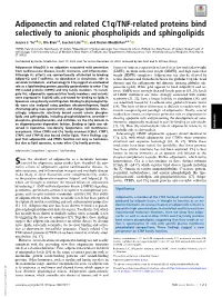 Adiponectin and Related C1q/TNF-Related Proteins Bind Selectively to Anionic Phospholipids and Sphingolipids