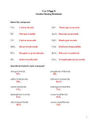 Unit 5 Page 9 Covalent Naming Worksheet