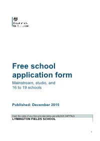 Free School Application Form Mainstream, Studio, and 16 to 19 Schools