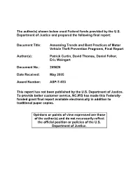 Assessing Trends and Best Practices of Motor Vehicle Theft Prevention Programs, Final Report