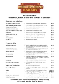 Meals Price List - Breakfast, Lunch, Dinner and Anytime in Between