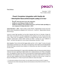 Peach Completes Integration with Vanilla Air ~ Delivering New Values and Becoming the Leading LCC in Asia ~