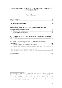 1 BACKGROUND PAPER1 on ATTACKS AGAINST GIRLS SEEKING to ACCESS EDUCATION Table of Contents INTRODUCTION