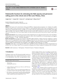 Pedotransfer Functions for Estimating the Field Capacity and Permanent Wilting Point in the Critical Zone of the Loess Plateau, China