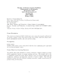 Faculty of Science Course Syllabus Department of Economics Economics 3339 Intro Econometrics II Section 01 CRN 20863 Winter 2018