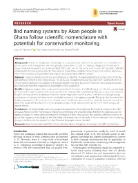 Bird Naming Systems by Akan People in Ghana Follow Scientific Nomenclature with Potentials for Conservation Monitoring Justus P