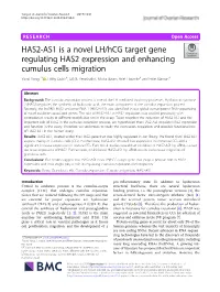 HAS2-AS1 Is a Novel LH/Hcg Target Gene Regulating HAS2 Expression and Enhancing Cumulus Cells Migration Yuval Yung *† , Libby Ophir†, Gil M