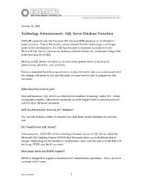 Technology Announcement - SQL Server Database Transition